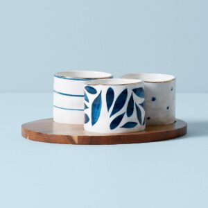 Porcelain Snack Bowls with Wood Tray, 4-Piece Set