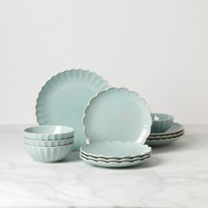 Ice Blue Scalloped Stoneware Dinnerware Set, 12-Piece